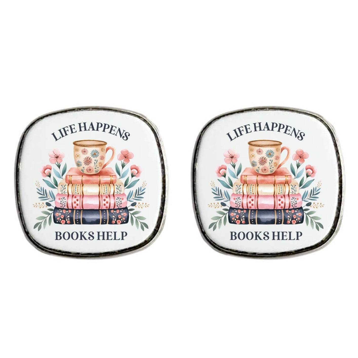 Life Happens, Books Help - Square Stud Earrings