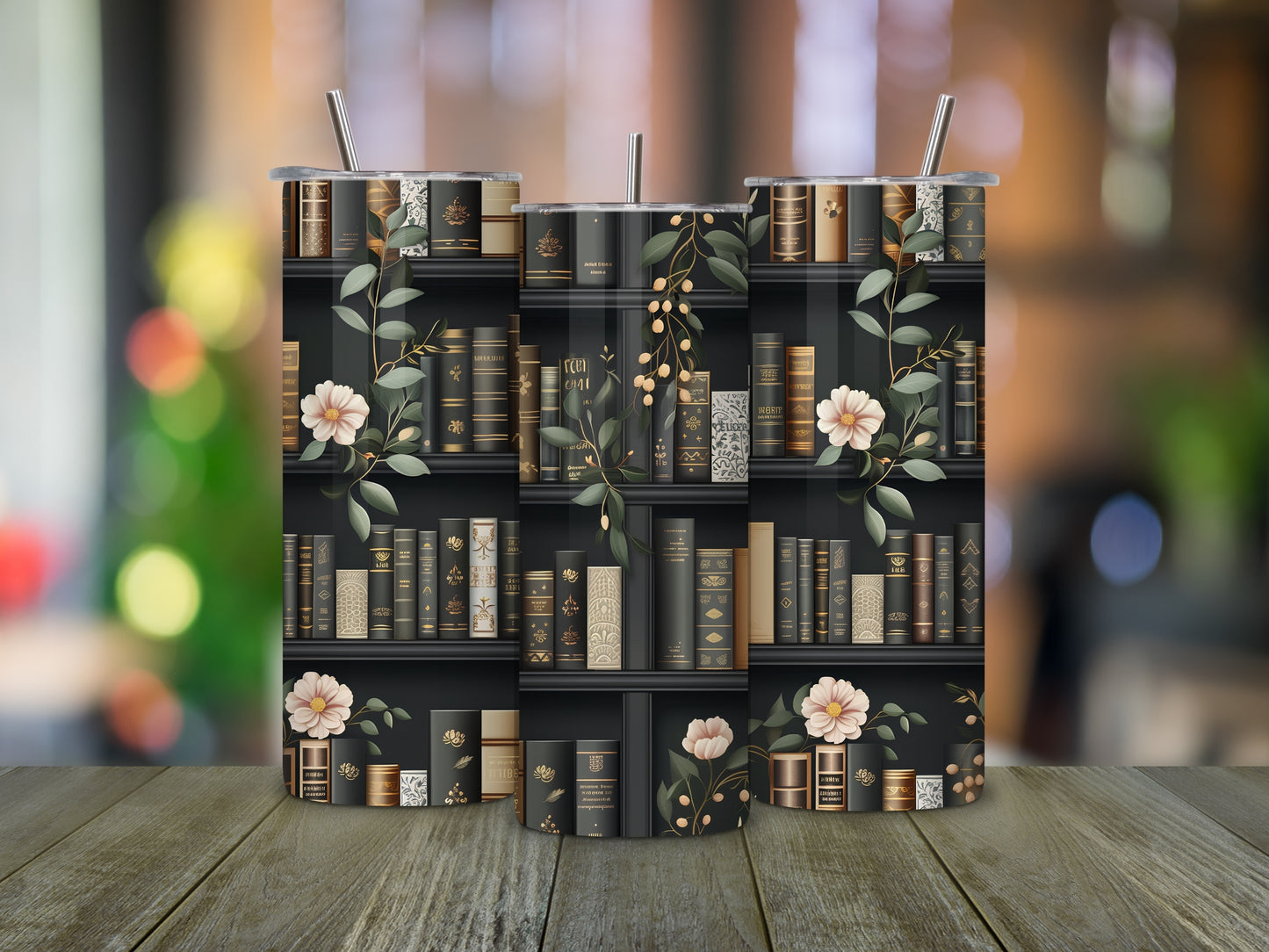 Books & Flowers Bookshelf - 20 oz Skinny Tumbler