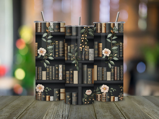 Books & Flowers Bookshelf - 20 oz Skinny Tumbler